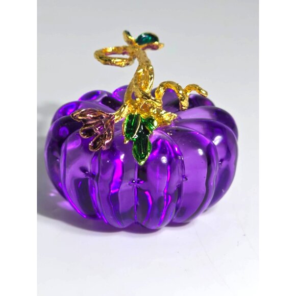 Purple Pumpkin With Gold Plated Stem & Leaves Decorative Piece Vintage - Picture 2 of 11